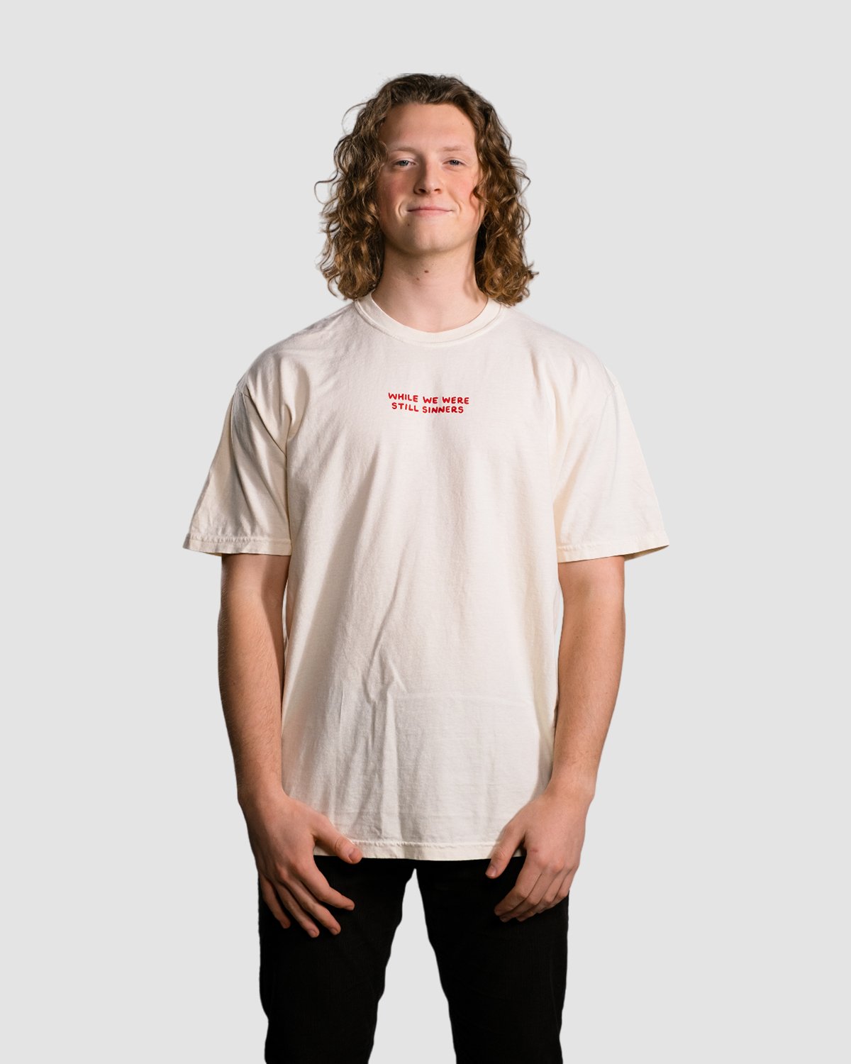 Christian T-Shirt - While We Were Still Sinners Lunar and Crimson Heavyweight Tee - Proclamation Coalition