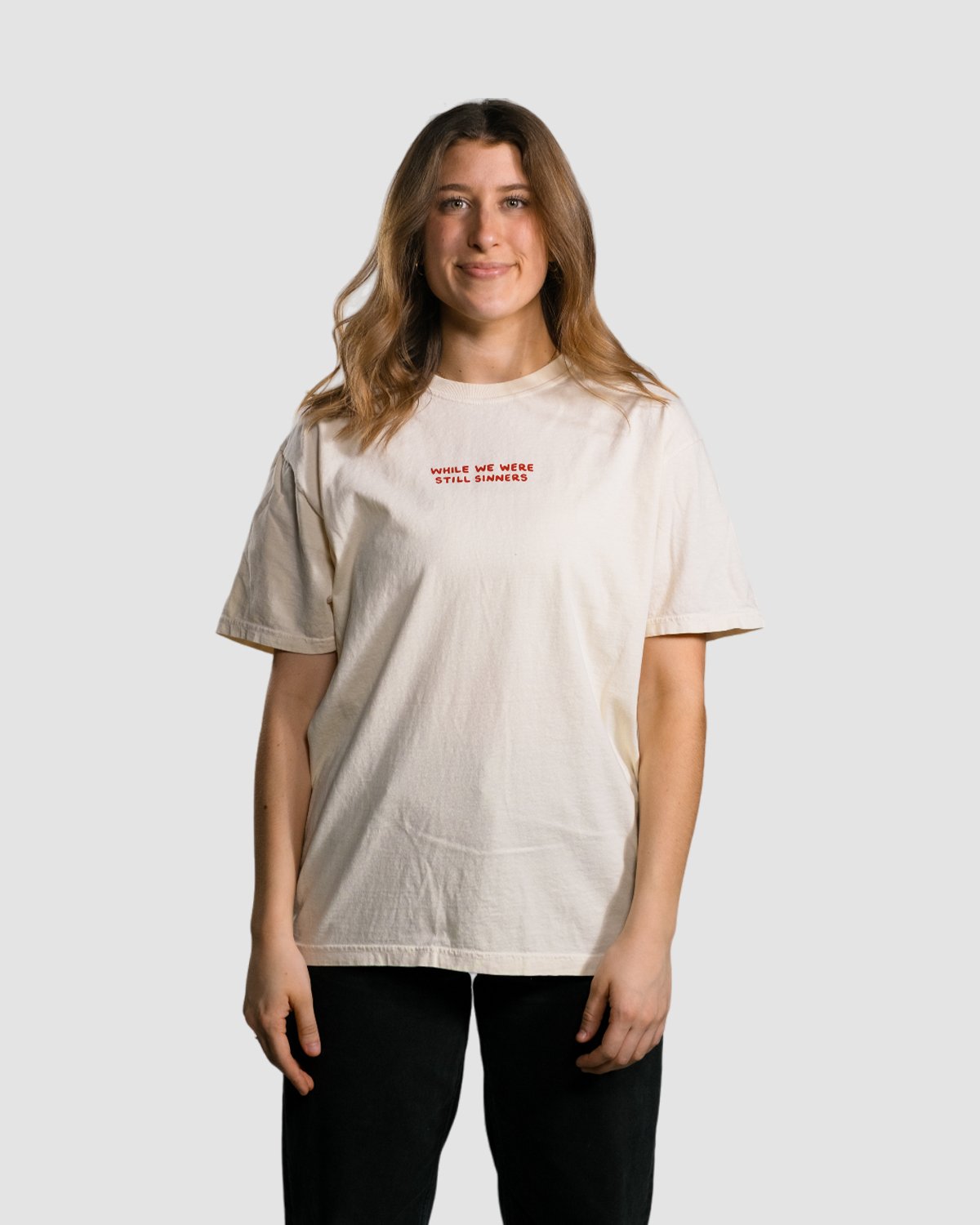 Christian T-Shirt - While We Were Still Sinners Lunar and Crimson Heavyweight Tee - Proclamation Coalition