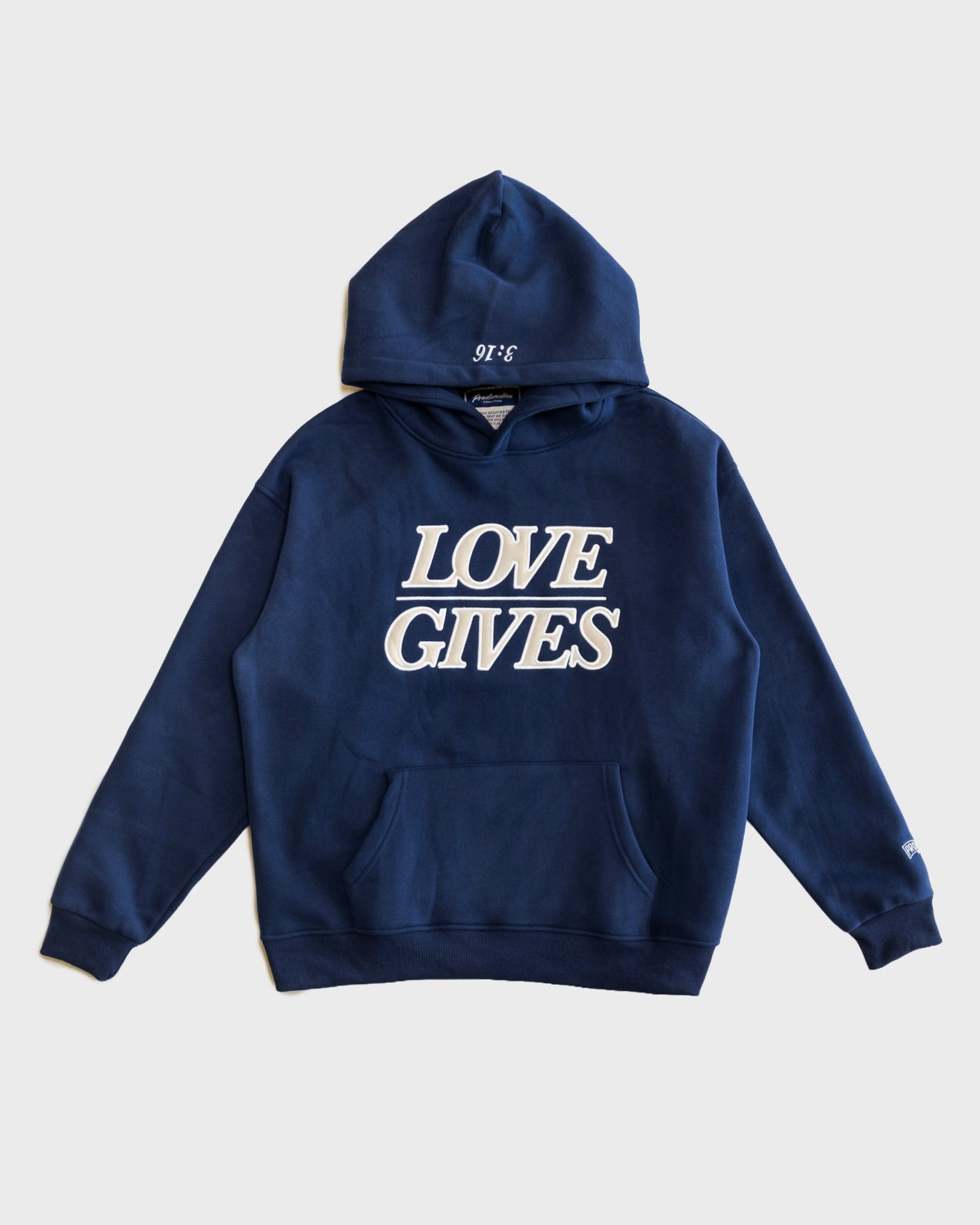 "LOVE GIVES" Navy Comfort Hoodie - Proclamation Coalition