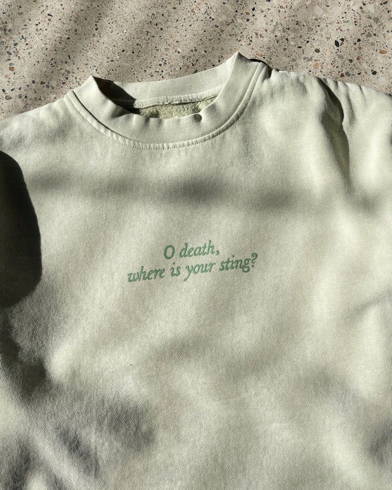 "O death, where is your sting?” Pistachio Heavyweight Crewneck - Proclamation Coalition