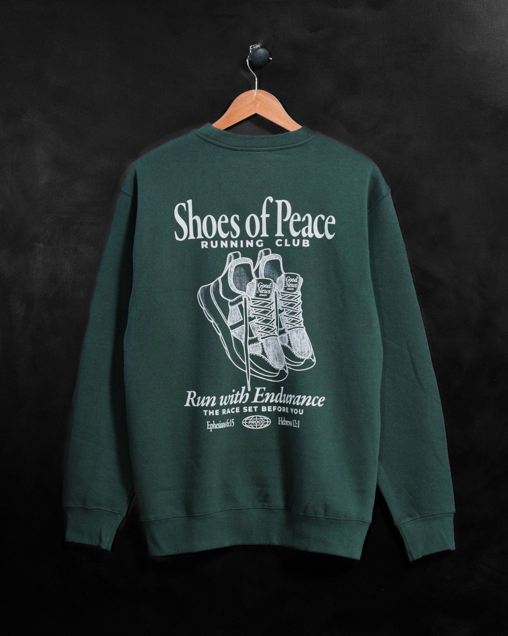 Christian Sweatshirt - Run with Endurance Forest Green Crewneck - Proclamation Coalition