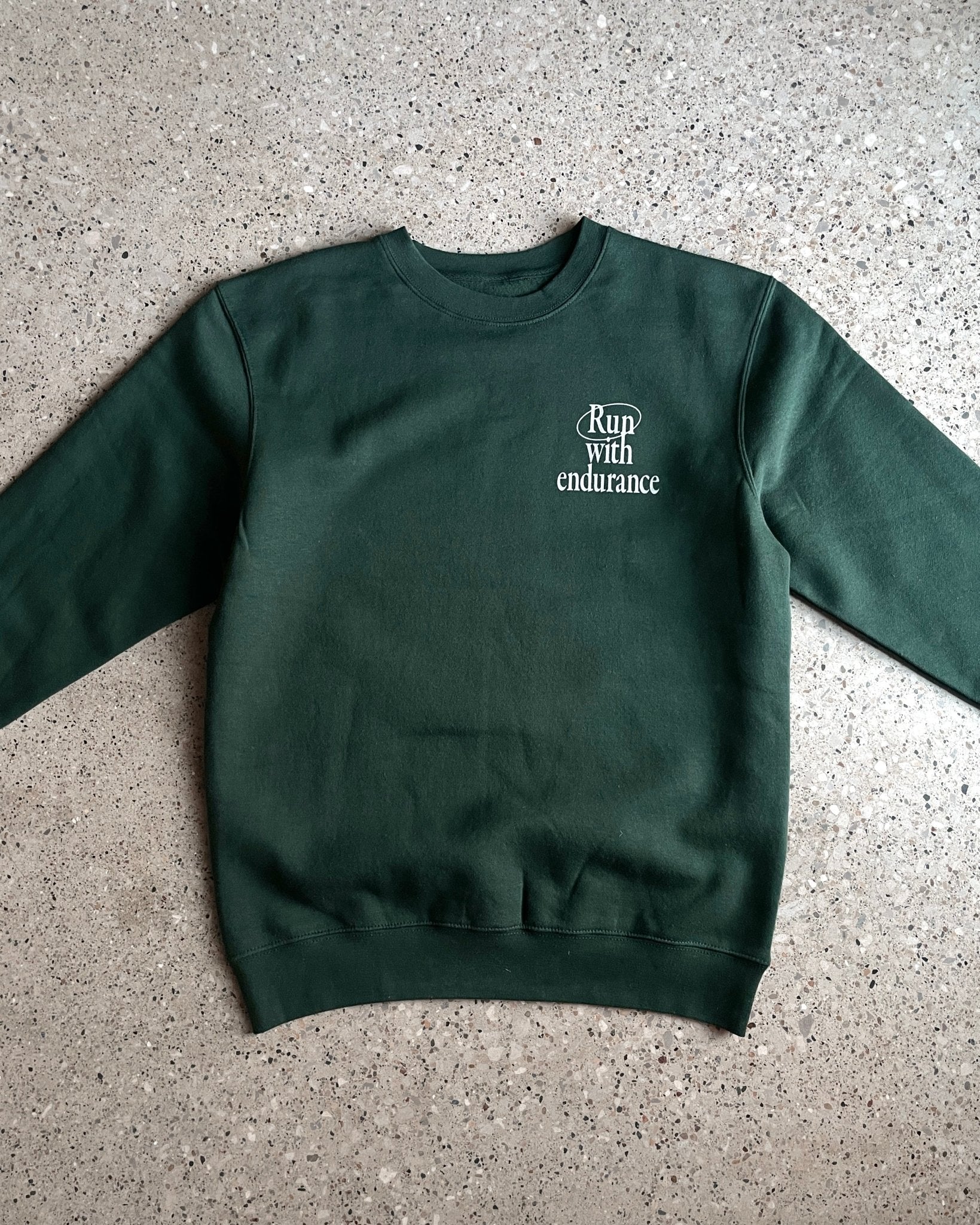 THRIFT "Run With Endurance" Forest Green Crewneck (Faded Print) - Proclamation Coalition