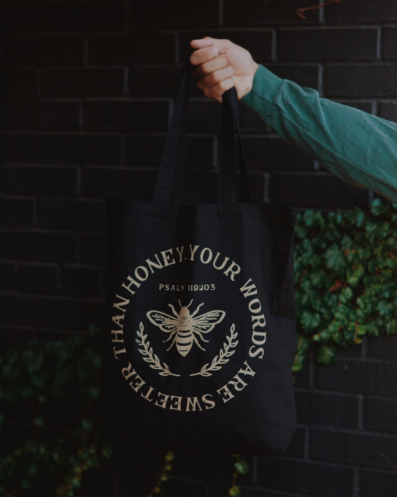 
            
                Load image into Gallery viewer, Sweeter Than Honey Tote Bag (Black &amp;amp; Yellow)
            
        